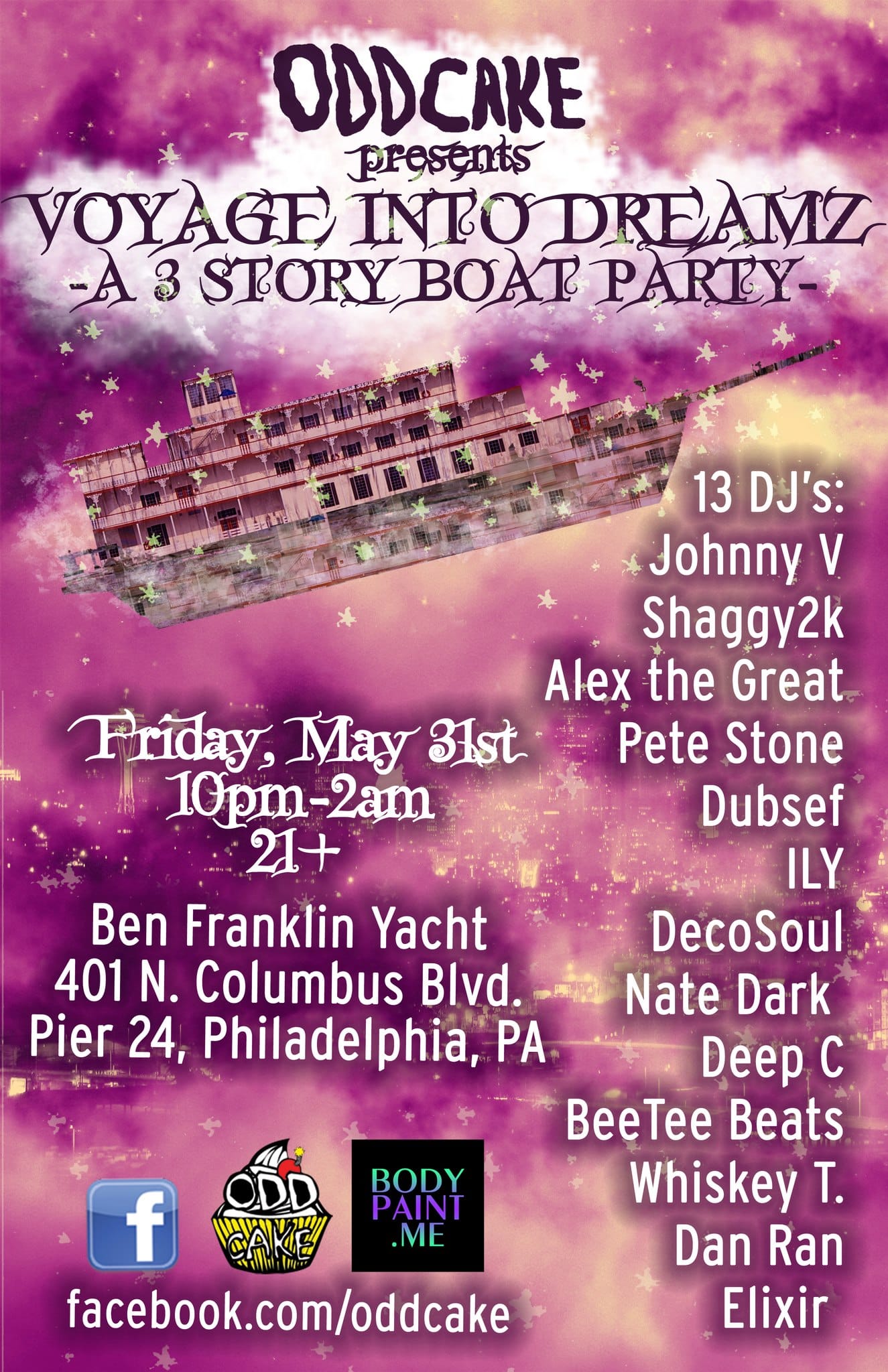 Oddcake Presents Voyange Into Dreamz Fb Flyer At Ben Franklin Yacht Philadelphia, OddCake